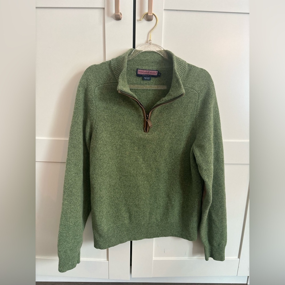 Vineyard Vines Quarter Zip Wool Pullover in Green with elbow patches preppy
